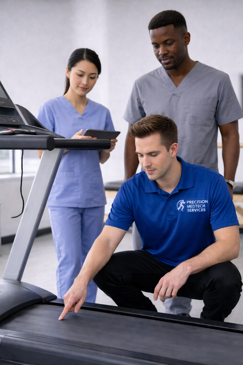 Precision MedTech Services technician inspecting a treadmill with clinical staff